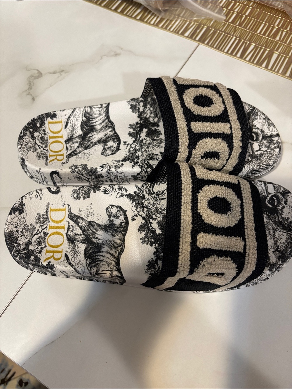Fashion slides  Black, Cream and Gold Embroidered Logo Slide Sandals - Picture 3 of 6